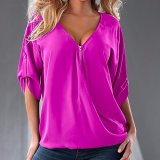 Fashion Women Chiffon Casual Zipper V-Neck Bandage Sleeves T-Shirt Blouse