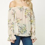 Fashion Women Sexy Chiffon Printed off Shoulder Ruffle Sleeves Blouse