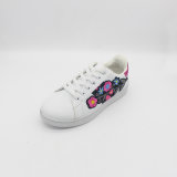 White Flower Embroidery Women Casual Flat Footwear with Injection Sole