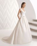 Elegant V Neck Hollow Back Pocket Satin Wedding Dress