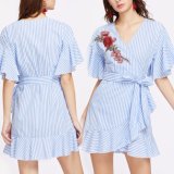 Fashion Women Leisure Casual Stripe Embroidery V-Neck Bandage Dress