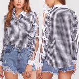 Fashion Women Leisure Casual Hollow Sleeves Bandage Plaid Shirt Clothes Blouse