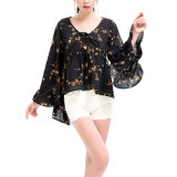 Fashion Women Leisure Casual Chiffon Printed Flare Sleeve Bandage Blouse