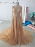 Gold Beading Long Sleeve Evening Party Dress