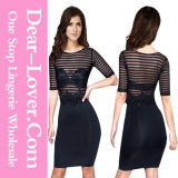 Striped Mesh Bodycon Dress with Decor Waist