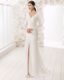 Long Sleeve V Neck Front Split Satin Wedding Dress