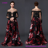 Delicate Elegant Fashion Style Transparent Long Sleeve and Dimensional Printed Flower Evening Dress