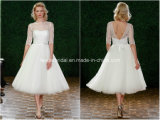 Sheer 1/2 Sleeve Bridal Party Prom Gowns Tulle Lace Short Wedding Dresses Z2037