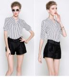 Summer Short Sleeve Stripe Round Collar Chiffon Blouse