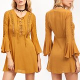 Fashion Women Sexy Slim Flare Sleeve Hollow Lace Bandage Dress