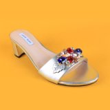 Women Silver MID Heel Leaf Decoration Slippers with Diamond for Girl