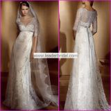 V-Neck Sheer Lace Wedding Dress 3/4 Sleeves Sheath Bridal Wedding Gown L201502