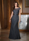 Customize Boat Neck Beading Ladies Grey Lace Mermaid Evening Dress