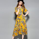 Boho Yellow Printed Women Long Dress with Button