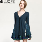 Lady Long Sleeve Buttons Short Navy Sweater Cardigan Dress