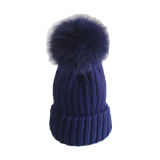 Two-Tone Knit Beanie Hat with POM