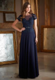 Short Sleeve Lace and Chiffon Navy Blue Ladies Evening Dress