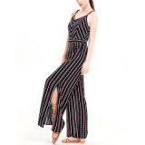 Fashion Women Leisure Stripe Printed Hem Split Bandage Jumpsuit Pants