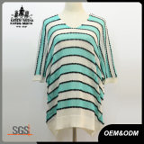 Ladies Green Striped Short Sleeve V-Neck Rib Sweater