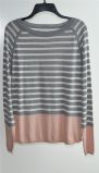 Ladies Round Neck Striped Pullover Knit Sweater
