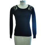 R-Neck Pullover Knitting Sweater with Lace