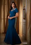 Short Sleeve Beading Mermaid Navy Blue Evening Dress