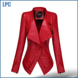 Red V -Collar Tunic Ladies Leather Jacket