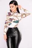 Women Printing Bodysuit with Long Sleeve High Collar Bodysuit