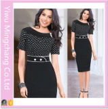 Hot Sale European and American Retro Wave Sleeve Point Stitching Slim Pencil Dress